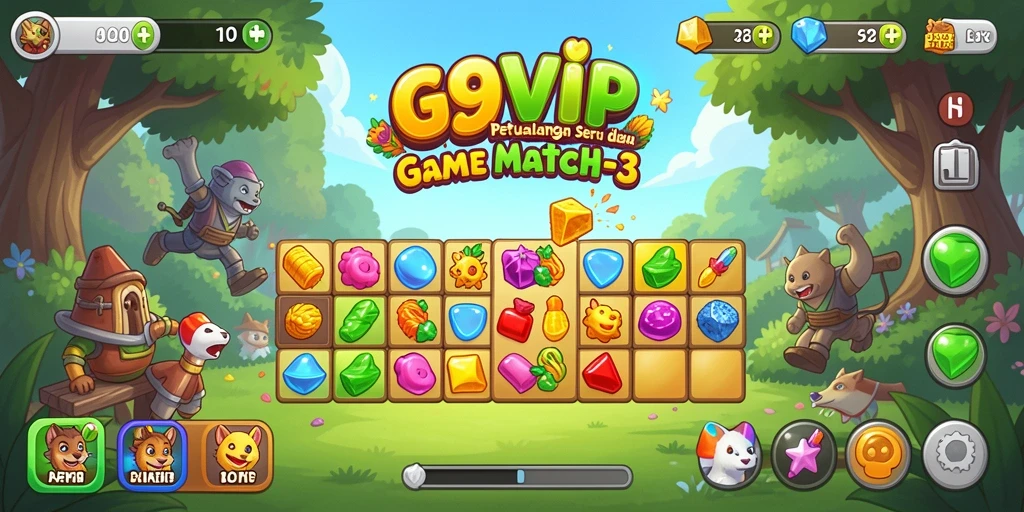 Tangkapan layar G9VIP menampilkan gameplay Match-3 yang seru dan penuh warna.