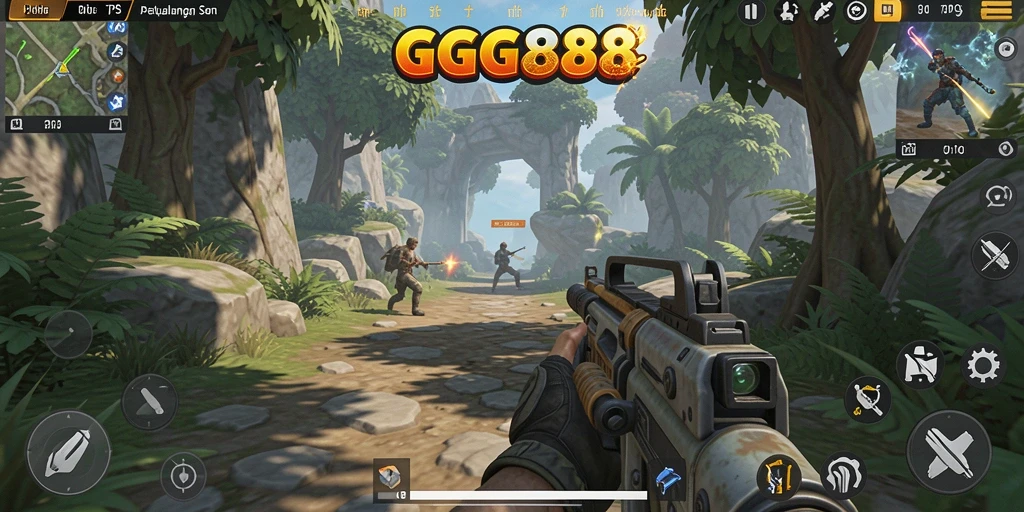 Screenshot utama GGG888 yang menampilkan aksi gameplay TPS yang mendebarkan.