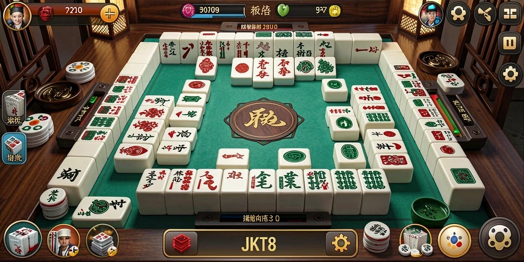 Tampilan gameplay seru di JKT8 dengan ubin Mahjong yang berwarna-warni.
