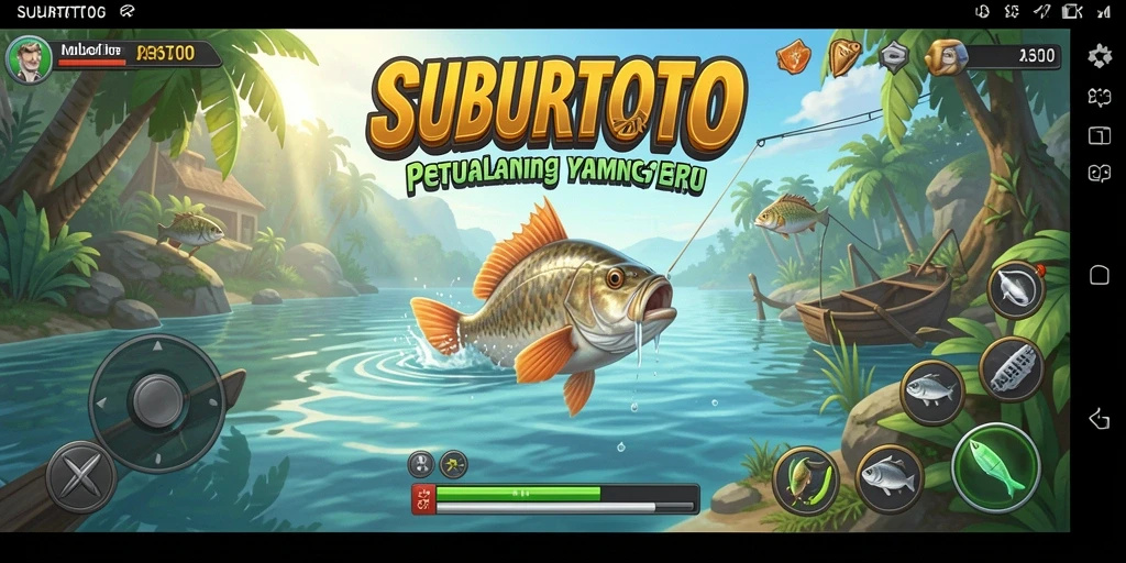 Gameplay SUBURTOTO menampilkan berbagai lokasi memancing yang indah.